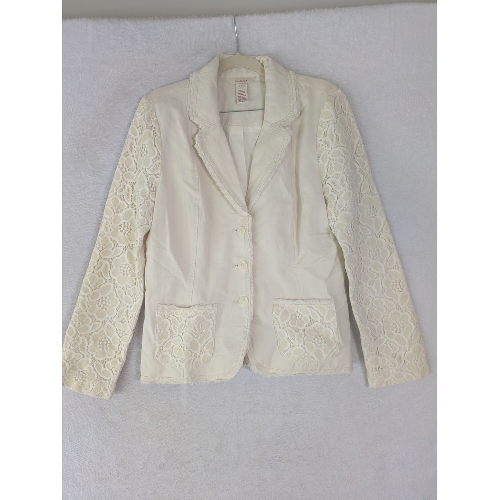 Sundance Blazer Women's 8 Cream Linen Blend Floral Lace Sleeves Raw Edge Boho